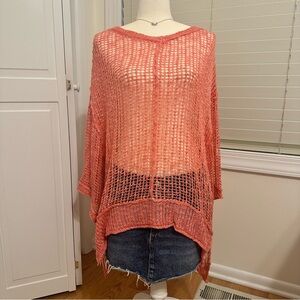 Boho Sheer Open Knit pullover Coral poncho sweater. NWT